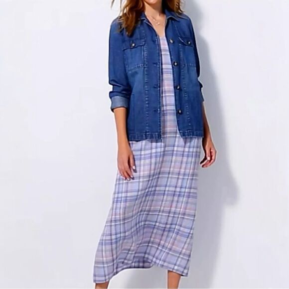 J.Jill Love Linen Plaid A-line Maxi Dress Rain Drop Blue Pink W/Pockets XS Pet - Picture 5 of 11